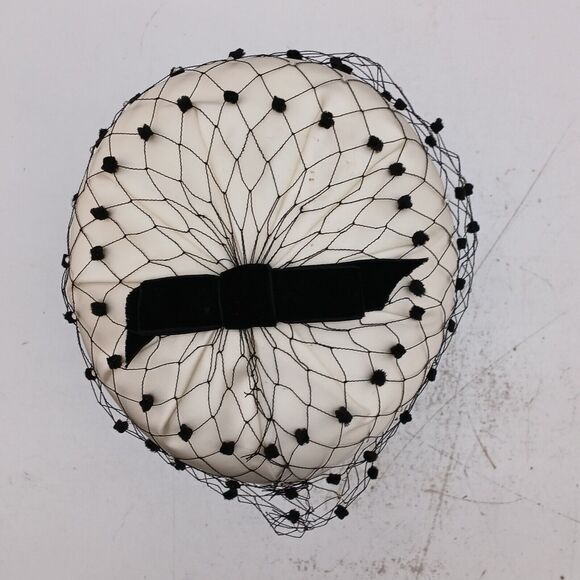 Ivory Fabric & Satin Pillbox Ladies Hat W/ Black Net Veil -Cathay of California - Picture 7 of 12